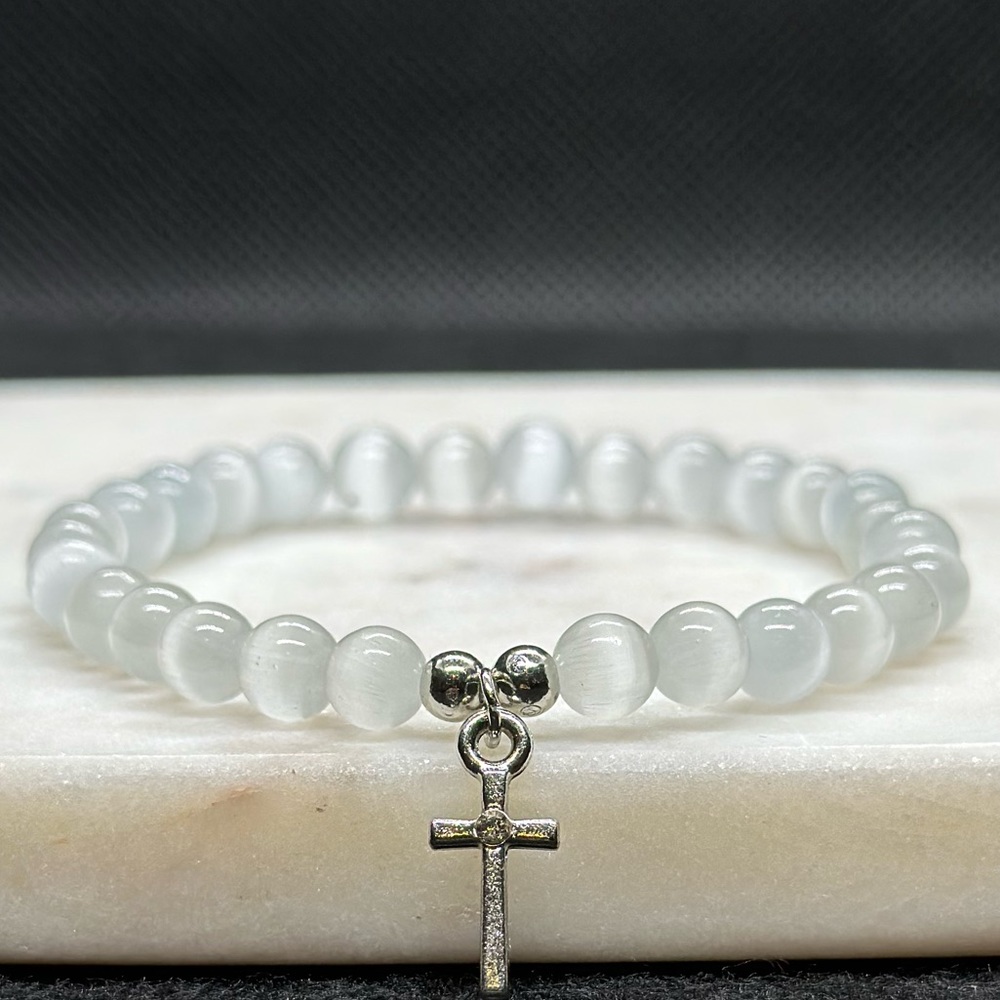 White Cat Eye Opal Bracelet - Cross Charm Bracelet